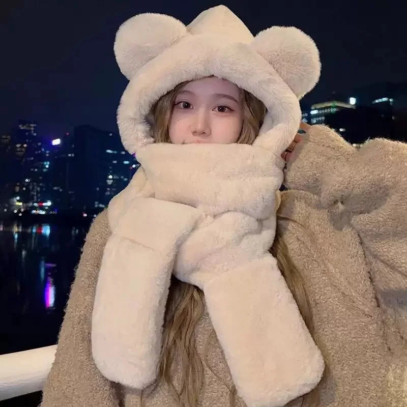 Winter Warm Plush Fleece 3-in-1 Bear Ear Hooded Cap Scarf Gloves Set Windproof Outdoor Accessories for Cold Weather