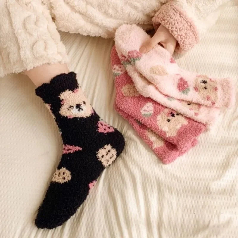 New Fashion Coral Fleece Women Socks Warm Home Floor Socks Strawberry Bear Socks Mid Tube Sleep Socks Plush Socks Added Fleece