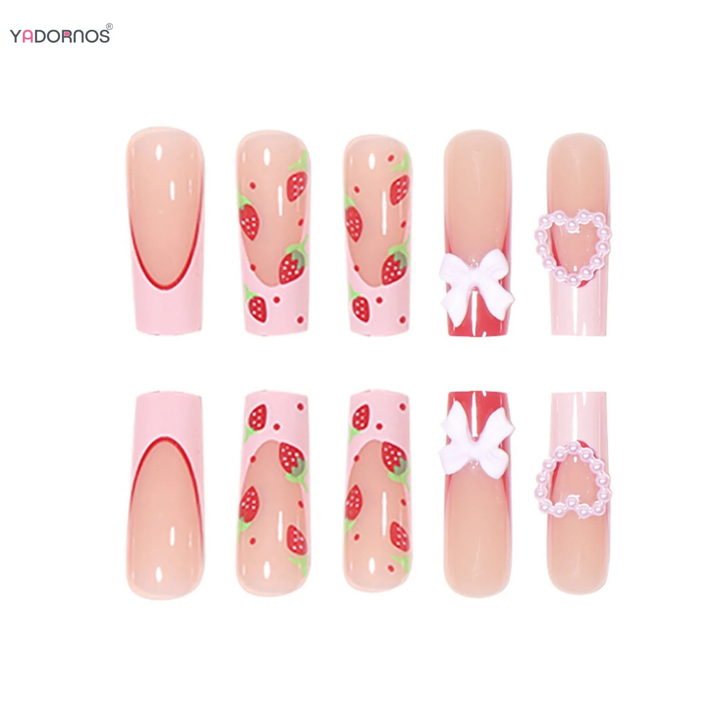 Red Strawberry Fake Nails Long Coffin French Press on Nails Pink Love Heart 3D Bowknot Designs False Nails for Women Girls 24Pcs