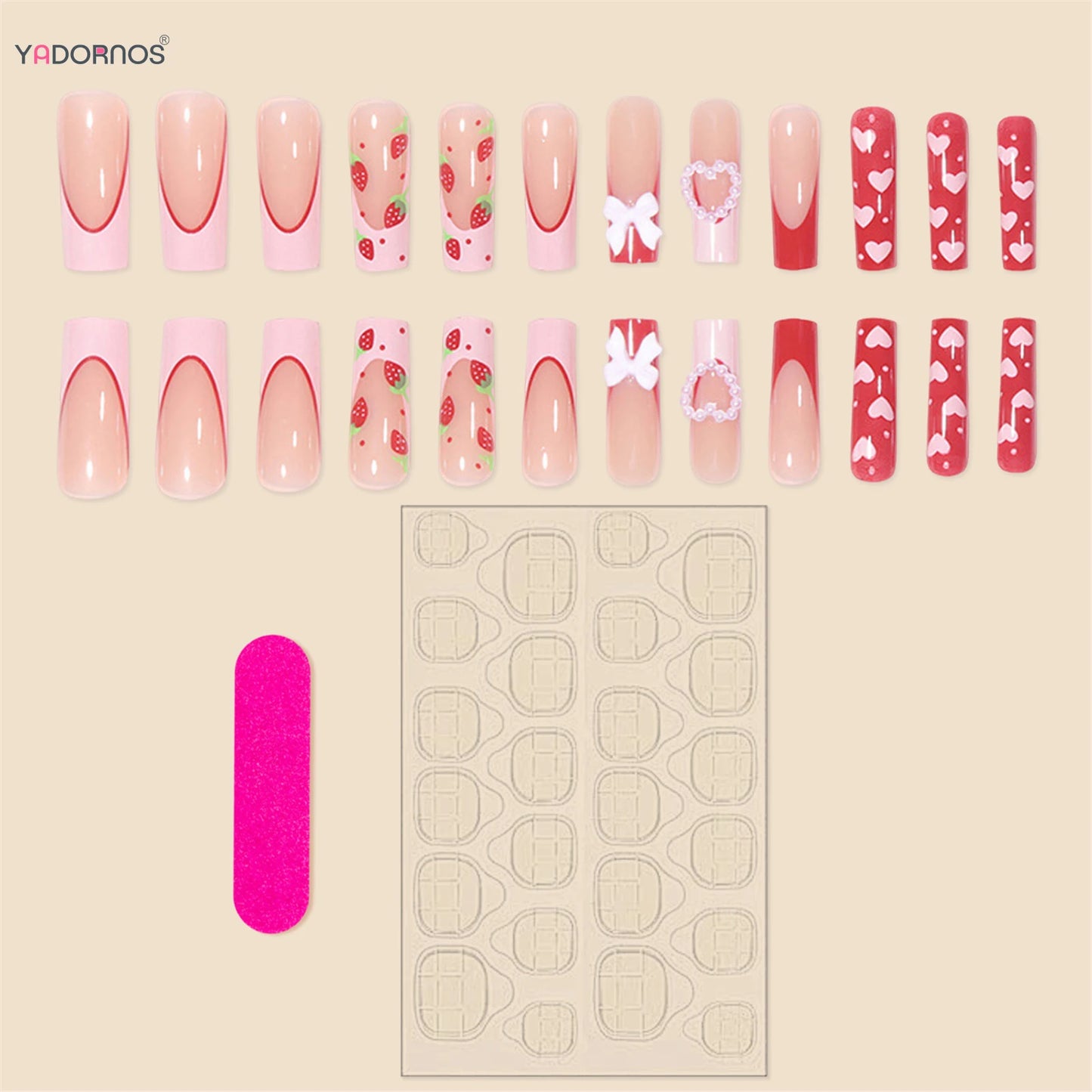 Red Strawberry Fake Nails Long Coffin French Press on Nails Pink Love Heart 3D Bowknot Designs False Nails for Women Girls 24Pcs