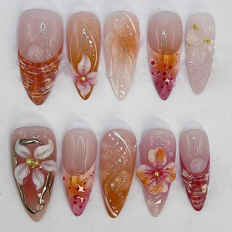 24pcs Almond False Nails Tips Summer Beach Colorful Nails Sets with Pearl Flower Design Press on Nails Art Wearable Fake Nail