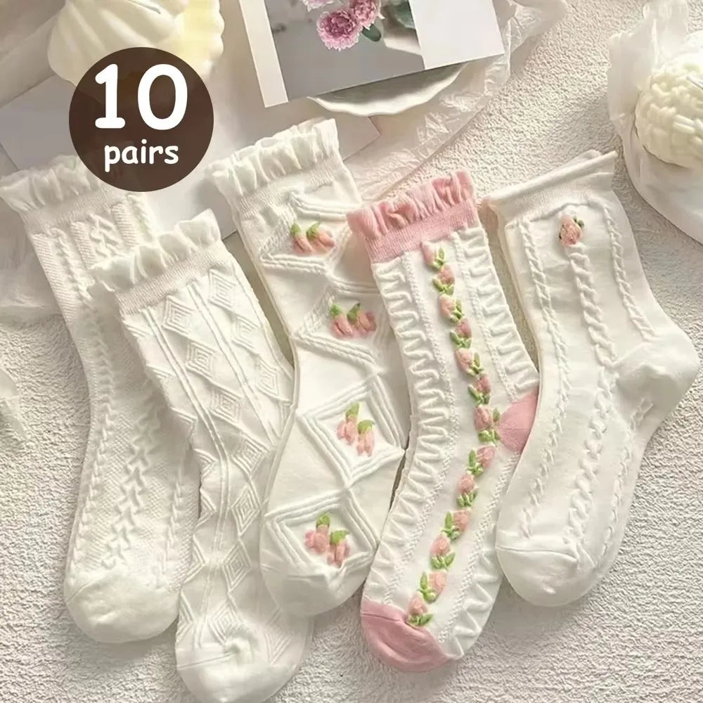 5/10 Pairs Cute Lace Mid Tube Socks Women's Lolitajk Ruffled Harajuku Style Autumn Winter Soft Versatile Fashionable Girl Socks