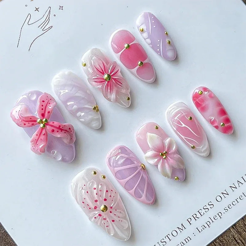 24pcs Wearable False Nail Strawberry Bow Design Nails Tips Red Short Almond Pearl Starlight Fake Nail Art Flower Press on Nails