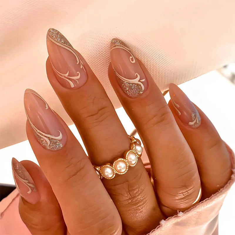 24pcs Almond False Nails Tips Summer Beach Colorful Nails Sets with Pearl Flower Design Press on Nails Art Wearable Fake Nail