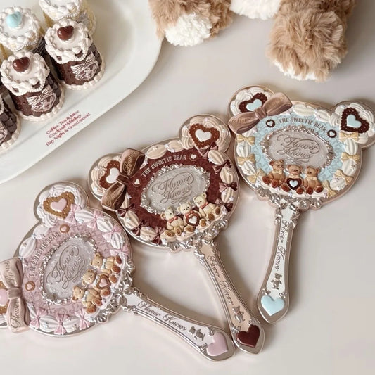 Flower Knows Sweetie Bear Collection Hand Holding Mirror 3 Types Exquisite Relief Makeup Tools Cute HD Makeup Mirror