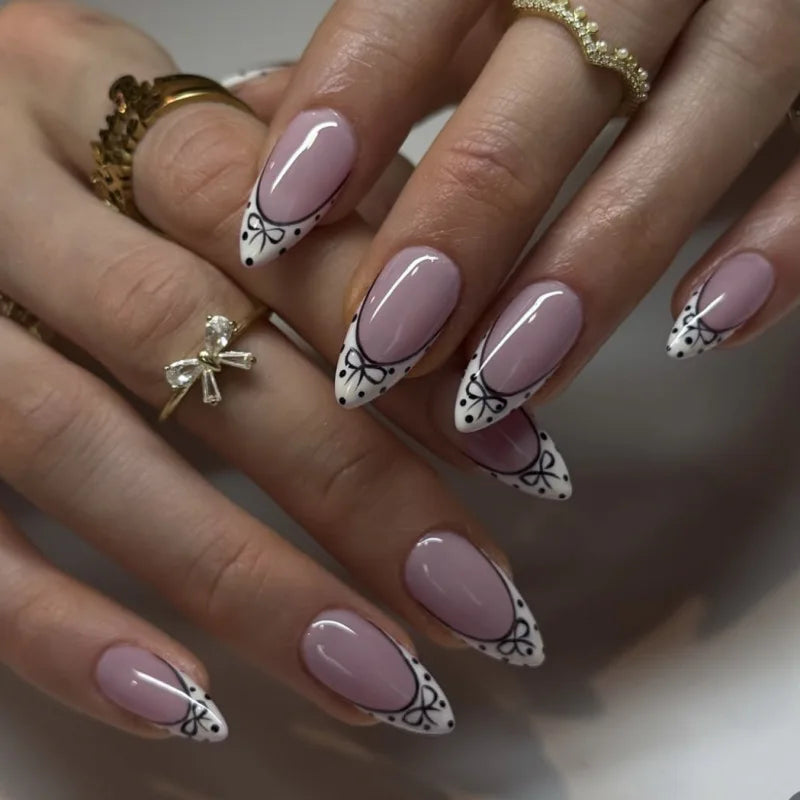 24pcs Almond False Nails Tips Summer Beach Colorful Nails Sets with Pearl Flower Design Press on Nails Art Wearable Fake Nail