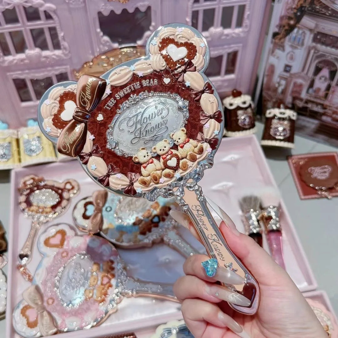 Flower Knows Sweetie Bear Collection Hand Holding Mirror 3 Types Exquisite Relief Makeup Tools Cute HD Makeup Mirror