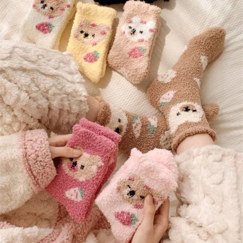 New Fashion Coral Fleece Women Socks Warm Home Floor Socks Strawberry Bear Socks Mid Tube Sleep Socks Plush Socks Added Fleece