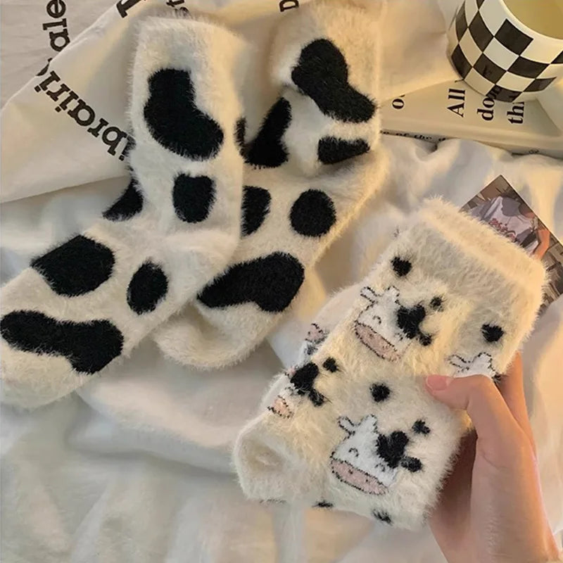 Cartoon Cute Cow Mink Velvet Socks Women Winter Soft Fleece Plush Warm Home Sleep Boot Socks Kawaii Y2K Furry Thermal Tube Sox