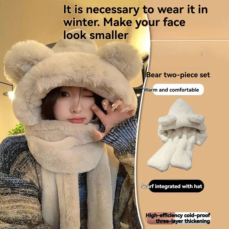 Winter Warm Plush Fleece 3-in-1 Bear Ear Hooded Cap Scarf Gloves Set Windproof Outdoor Accessories for Cold Weather