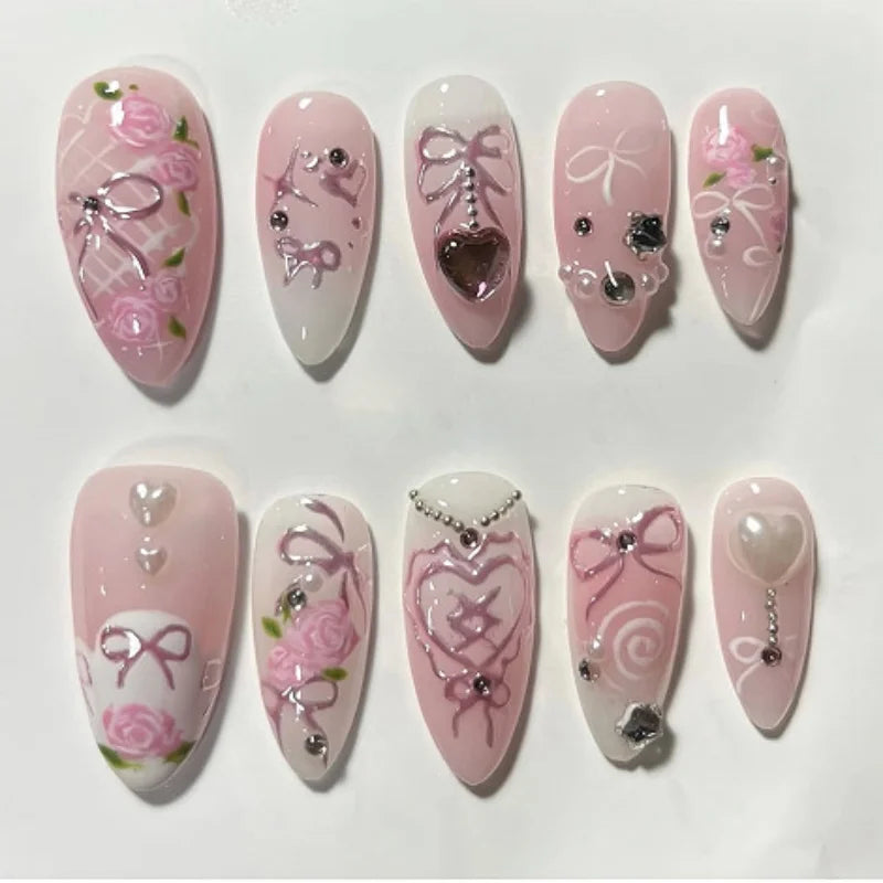 24pcs Almond False Nails Tips Summer Beach Colorful Nails Sets with Pearl Flower Design Press on Nails Art Wearable Fake Nail