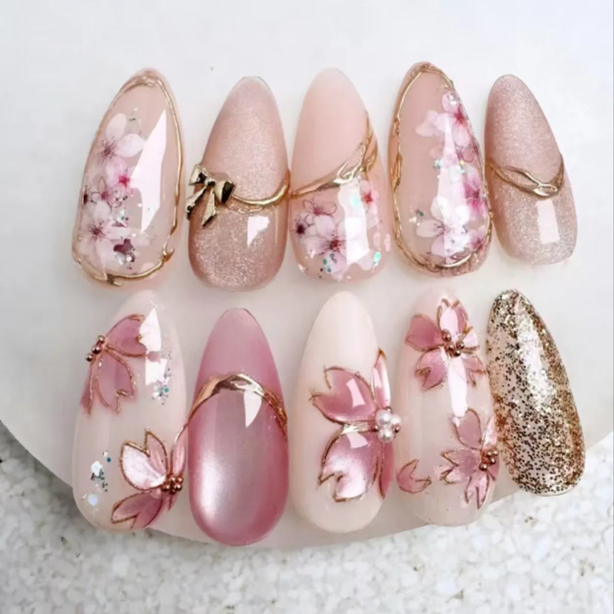 24pcs Almond False Nails Tips Summer Beach Colorful Nails Sets with Pearl Flower Design Press on Nails Art Wearable Fake Nail