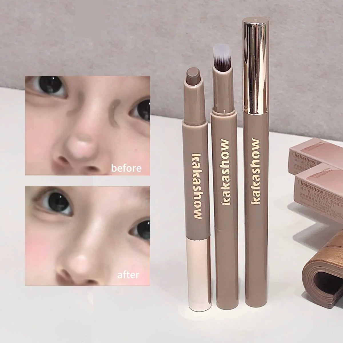 Kakashow Nose Shadow Contour Pen with Sumdge Brush Smooth Cream Texture Natural 3D Facial Contour Stick