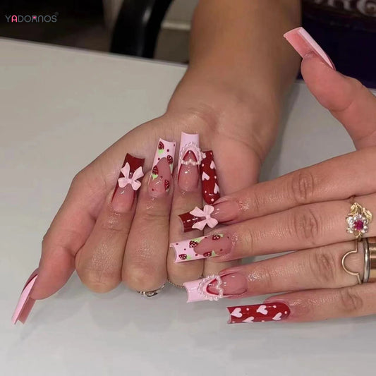 Red Strawberry Fake Nails Long Coffin French Press on Nails Pink Love Heart 3D Bowknot Designs False Nails for Women Girls 24Pcs