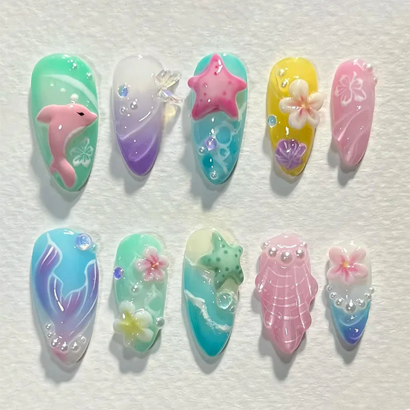 24pcs Almond False Nails Tips Summer Beach Colorful Nails Sets with Pearl Flower Design Press on Nails Art Wearable Fake Nail