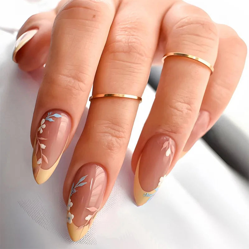 24pcs Almond False Nails Tips Summer Beach Colorful Nails Sets with Pearl Flower Design Press on Nails Art Wearable Fake Nail