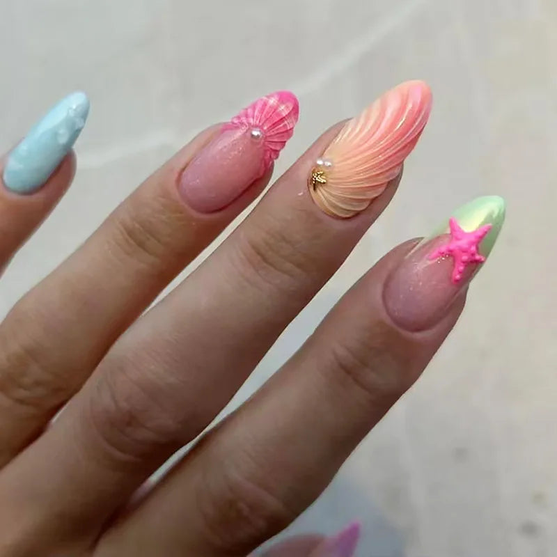 24pcs Almond False Nails Tips Summer Beach Colorful Nails Sets with Pearl Flower Design Press on Nails Art Wearable Fake Nail