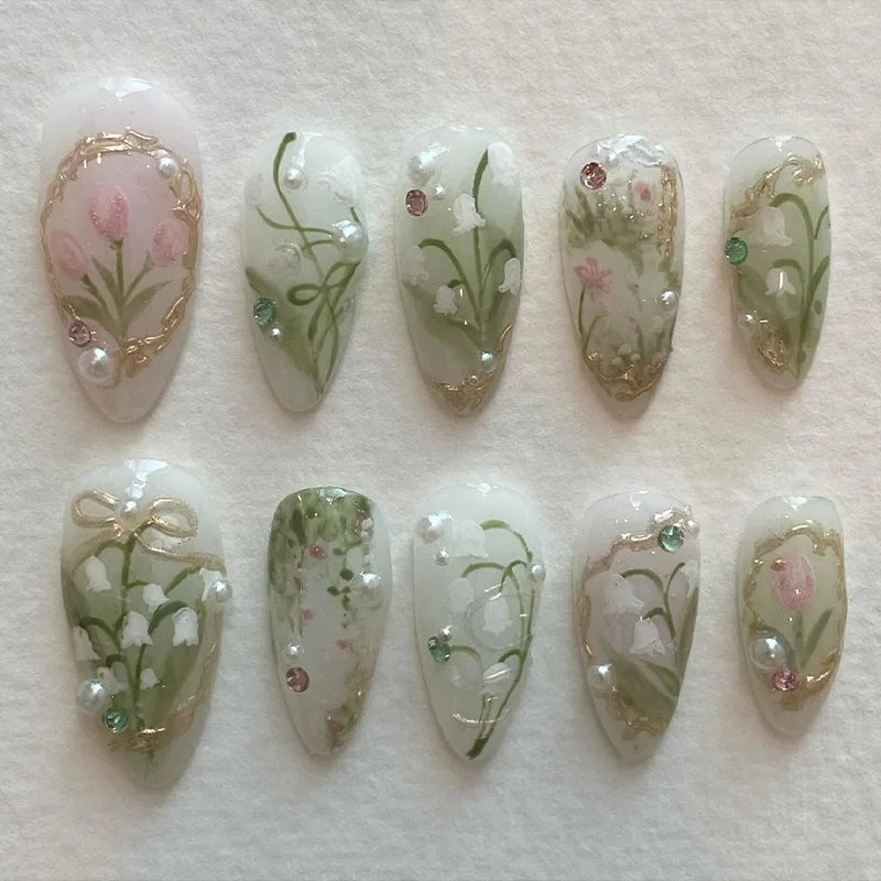 24pcs Almond False Nails Tips Summer Beach Colorful Nails Sets with Pearl Flower Design Press on Nails Art Wearable Fake Nail