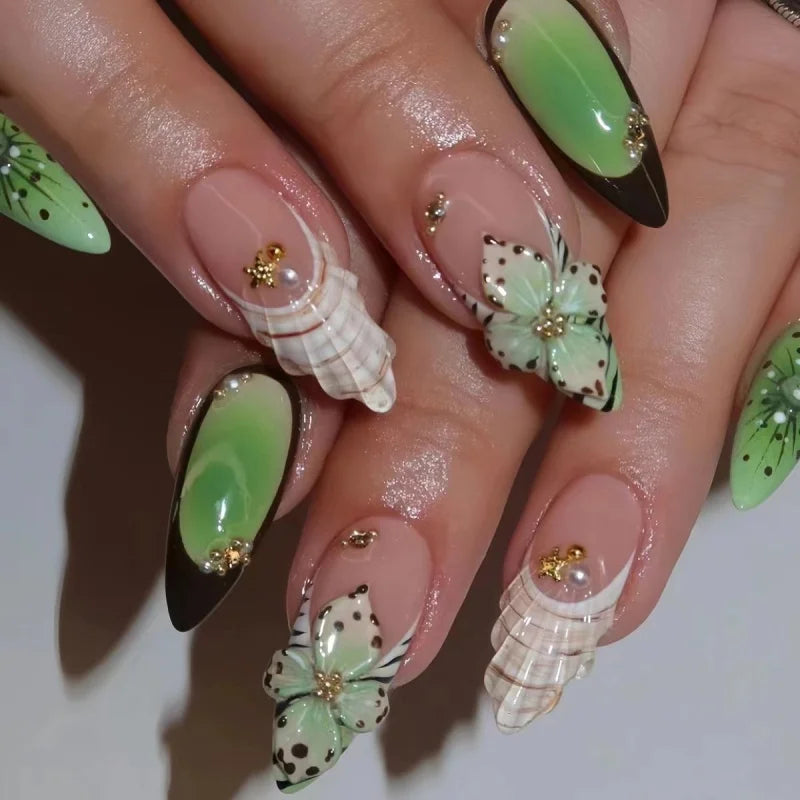 24pcs Almond False Nails Tips Summer Beach Colorful Nails Sets with Pearl Flower Design Press on Nails Art Wearable Fake Nail