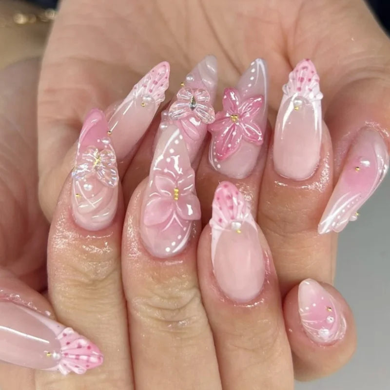 24pcs Almond False Nails Tips Summer Beach Colorful Nails Sets with Pearl Flower Design Press on Nails Art Wearable Fake Nail