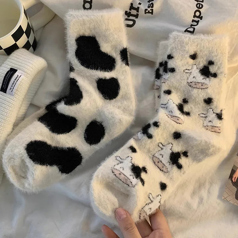 Cartoon Cute Cow Mink Velvet Socks Women Winter Soft Fleece Plush Warm Home Sleep Boot Socks Kawaii Y2K Furry Thermal Tube Sox
