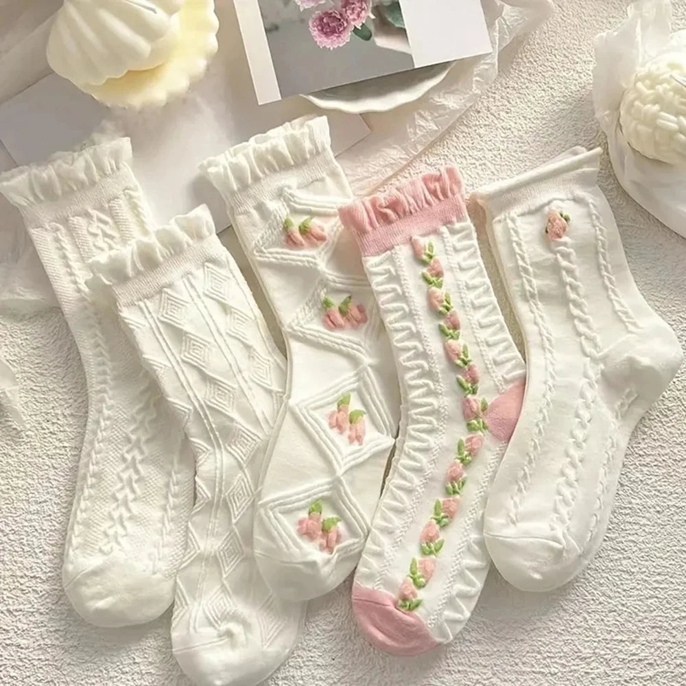 5/10 Pairs Cute Lace Mid Tube Socks Women's Lolitajk Ruffled Harajuku Style Autumn Winter Soft Versatile Fashionable Girl Socks