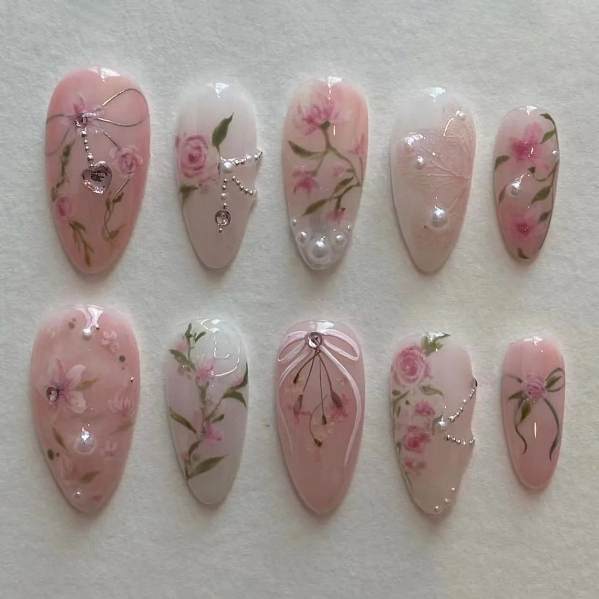 24pcs Almond False Nails Tips Summer Beach Colorful Nails Sets with Pearl Flower Design Press on Nails Art Wearable Fake Nail