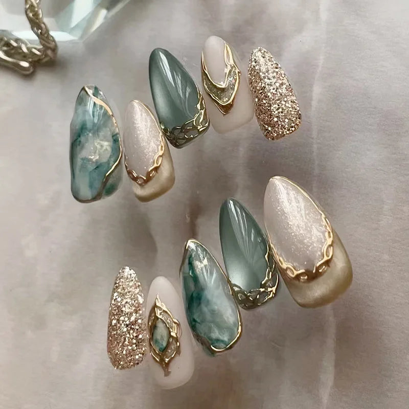 24pcs Almond False Nails Tips Summer Beach Colorful Nails Sets with Pearl Flower Design Press on Nails Art Wearable Fake Nail