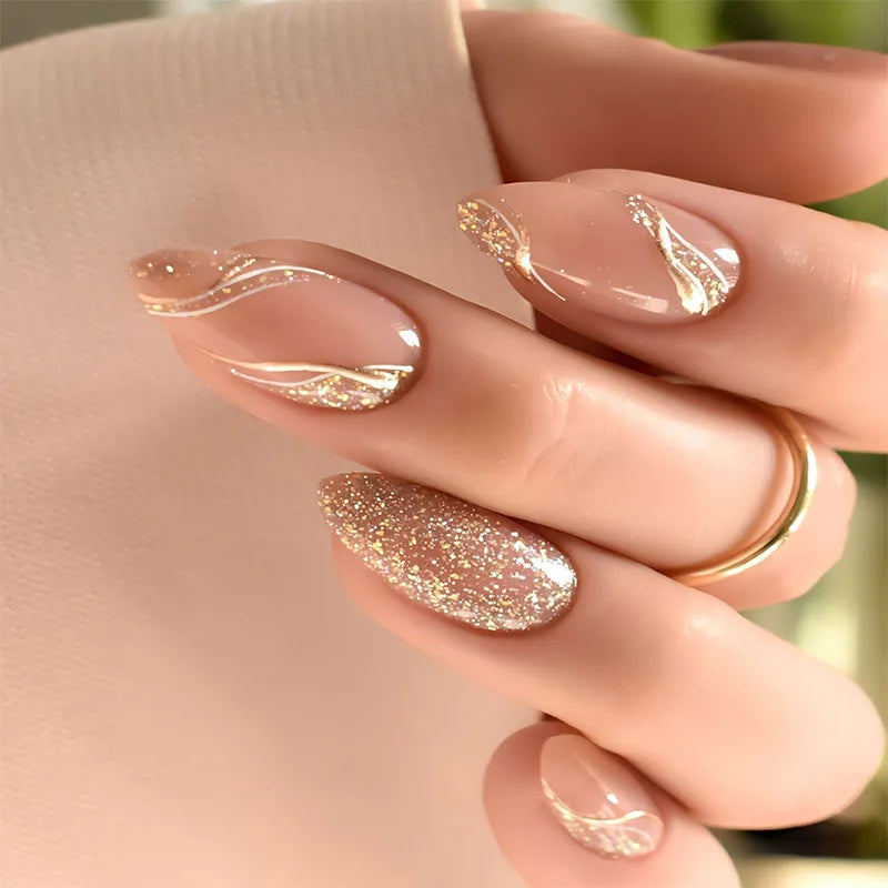 24pcs Almond False Nails Tips Summer Beach Colorful Nails Sets with Pearl Flower Design Press on Nails Art Wearable Fake Nail