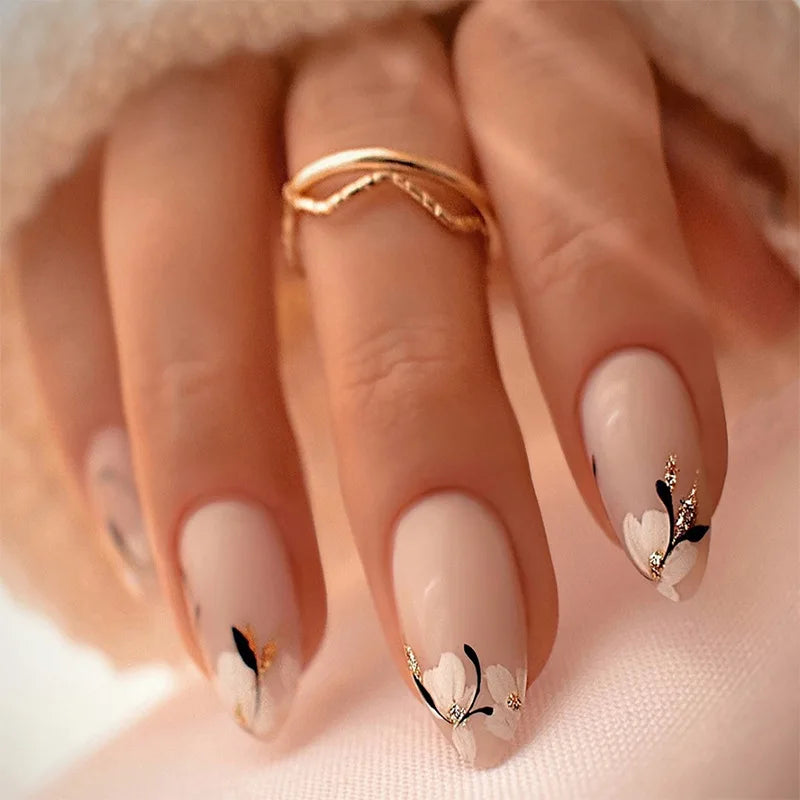 24pcs Almond False Nails Tips Summer Beach Colorful Nails Sets with Pearl Flower Design Press on Nails Art Wearable Fake Nail