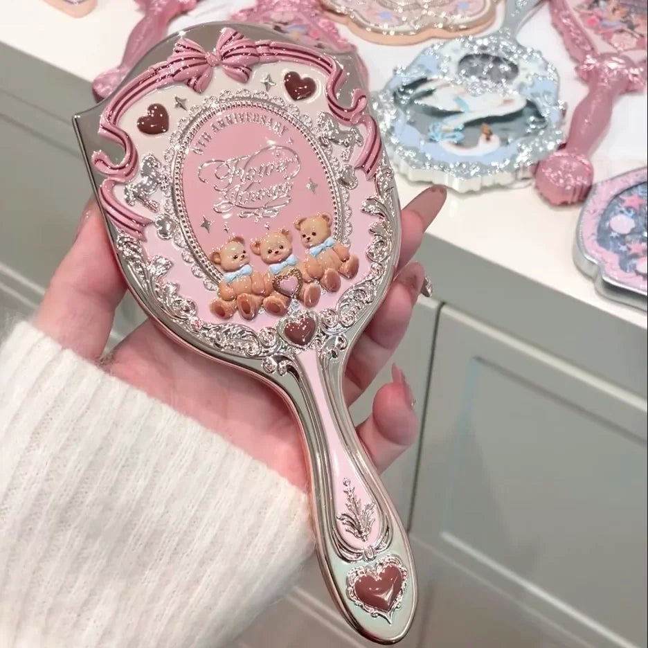 Flower Knows Sweetie Bear Collection Hand Holding Mirror 3 Types Exquisite Relief Makeup Tools Cute HD Makeup Mirror