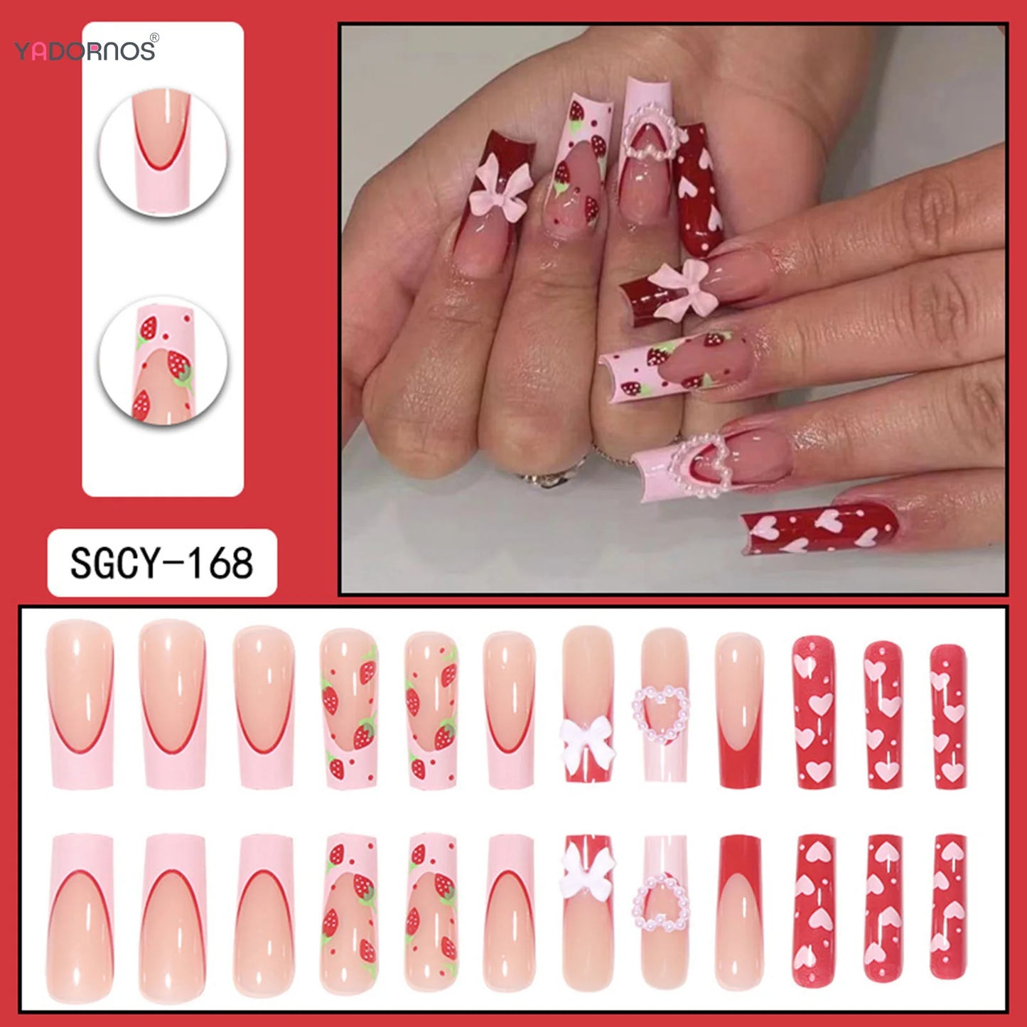 Red Strawberry Fake Nails Long Coffin French Press on Nails Pink Love Heart 3D Bowknot Designs False Nails for Women Girls 24Pcs