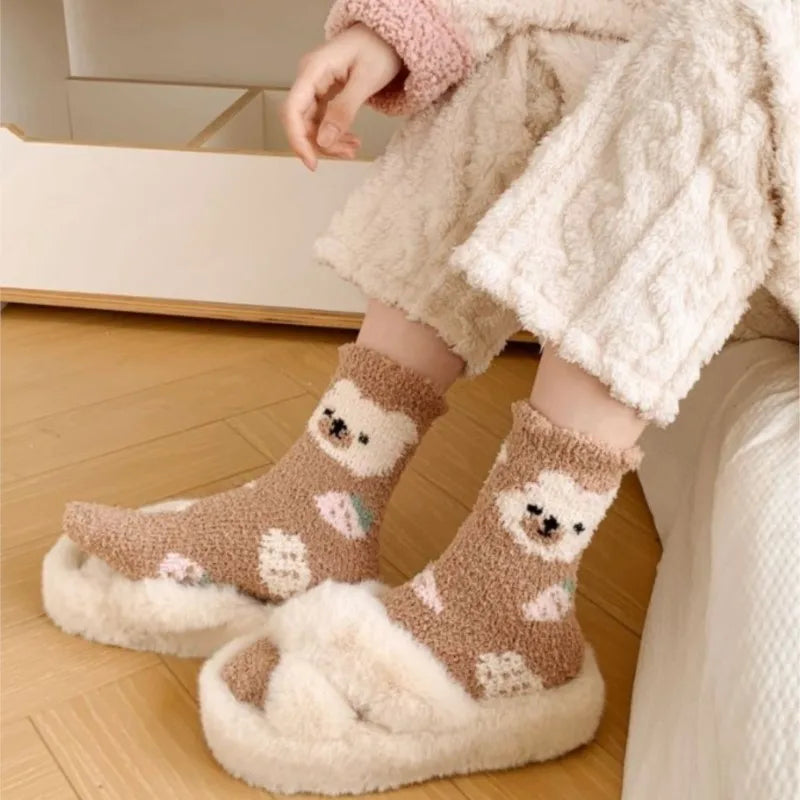 New Fashion Coral Fleece Women Socks Warm Home Floor Socks Strawberry Bear Socks Mid Tube Sleep Socks Plush Socks Added Fleece