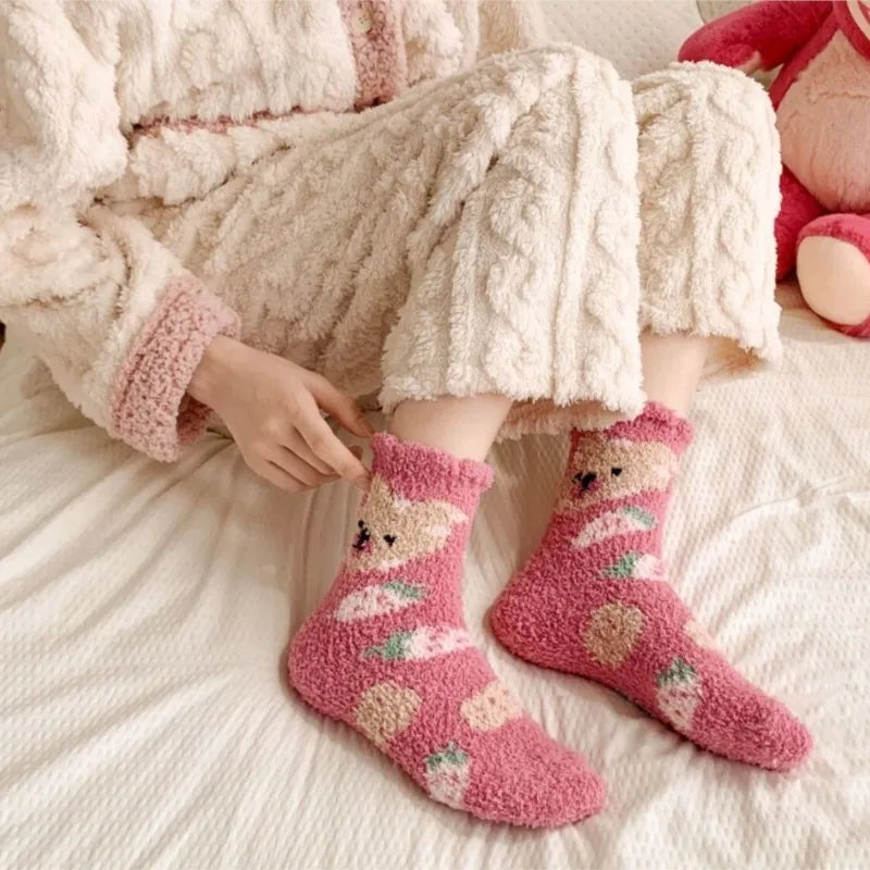 New Fashion Coral Fleece Women Socks Warm Home Floor Socks Strawberry Bear Socks Mid Tube Sleep Socks Plush Socks Added Fleece
