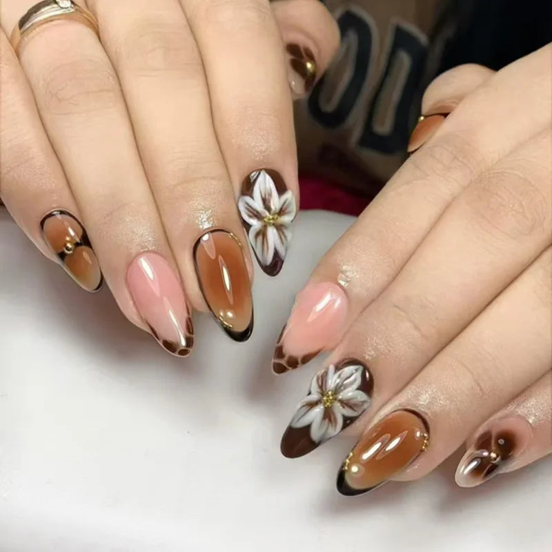 24pcs Almond False Nails Tips Summer Beach Colorful Nails Sets with Pearl Flower Design Press on Nails Art Wearable Fake Nail