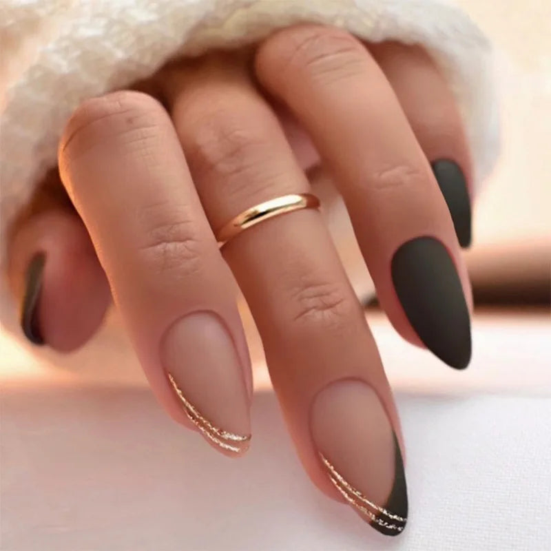 24pcs Almond False Nails Tips Summer Beach Colorful Nails Sets with Pearl Flower Design Press on Nails Art Wearable Fake Nail