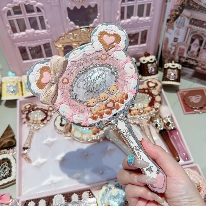 Flower Knows Sweetie Bear Collection Hand Holding Mirror 3 Types Exquisite Relief Makeup Tools Cute HD Makeup Mirror