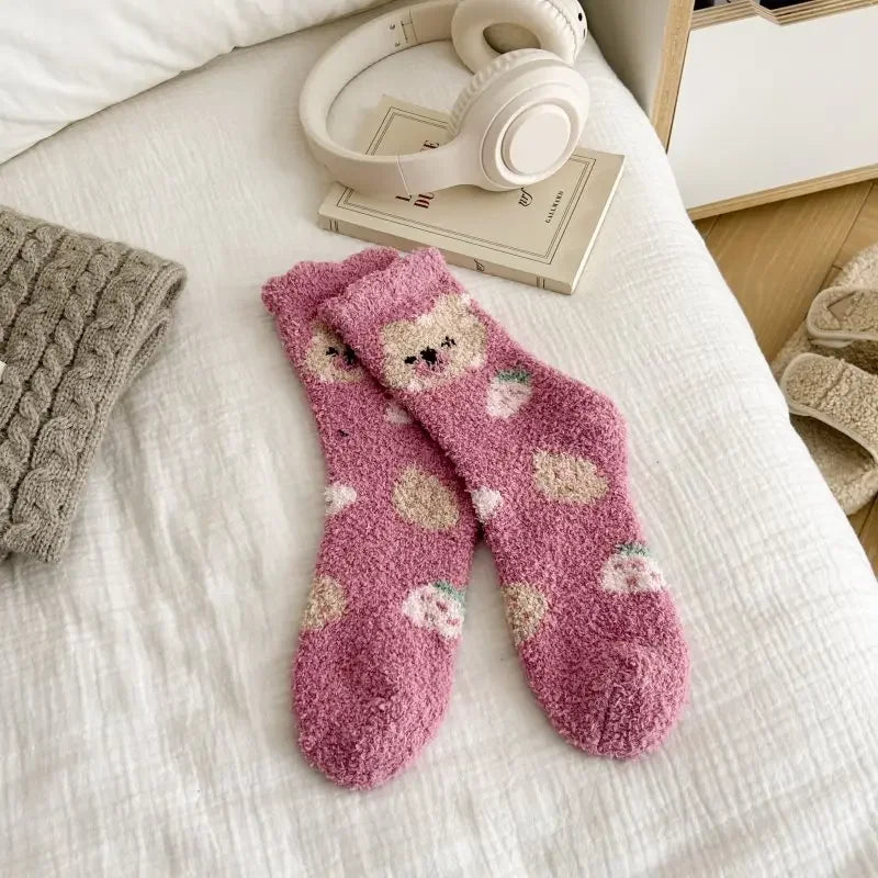New Fashion Coral Fleece Women Socks Warm Home Floor Socks Strawberry Bear Socks Mid Tube Sleep Socks Plush Socks Added Fleece
