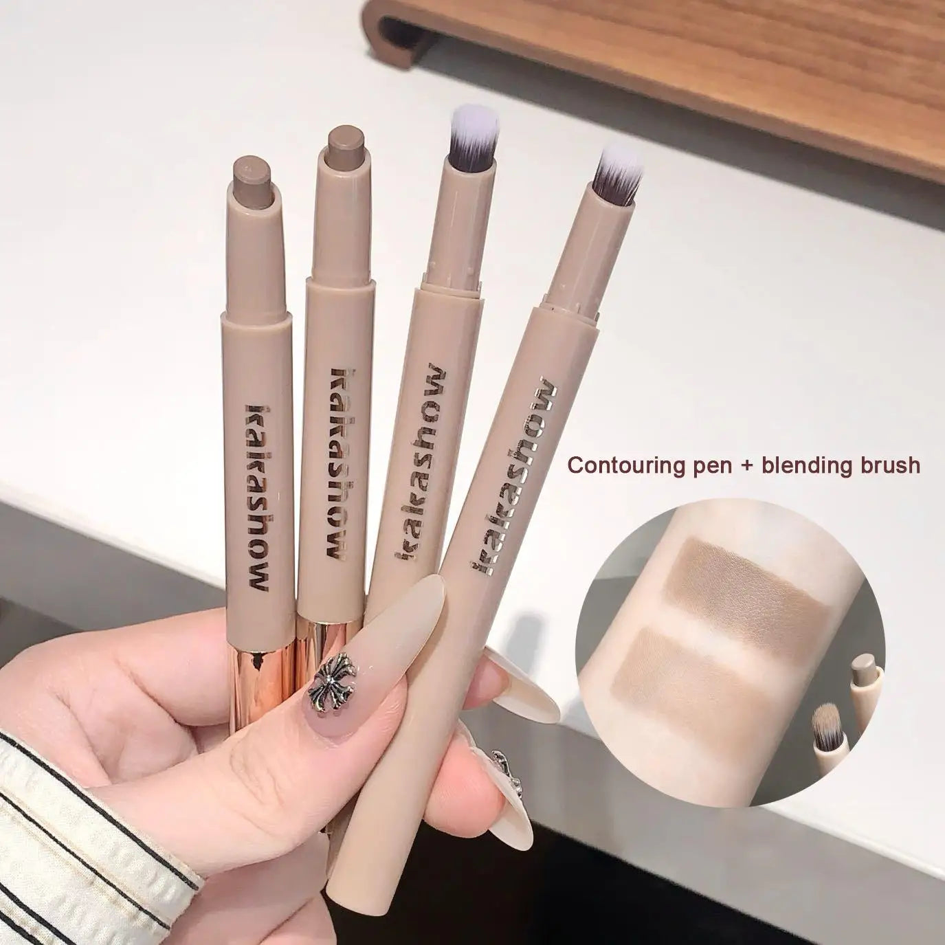 Kakashow Nose Shadow Contour Pen with Sumdge Brush Smooth Cream Texture Natural 3D Facial Contour Stick