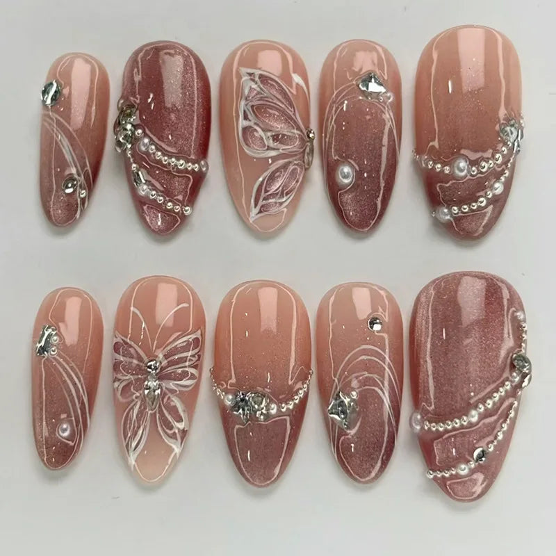 24pcs Almond False Nails Tips Summer Beach Colorful Nails Sets with Pearl Flower Design Press on Nails Art Wearable Fake Nail