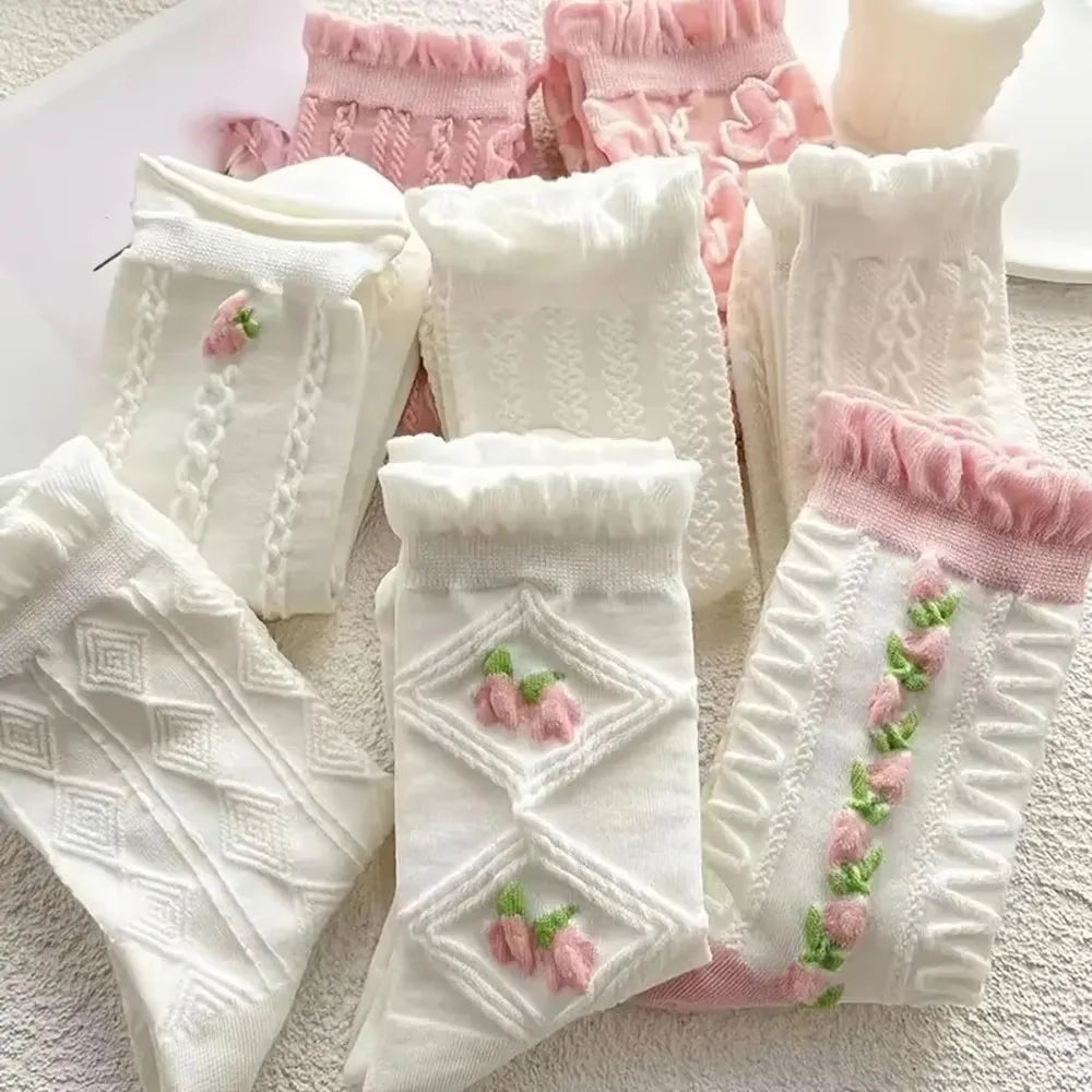 5/10 Pairs Cute Lace Mid Tube Socks Women's Lolitajk Ruffled Harajuku Style Autumn Winter Soft Versatile Fashionable Girl Socks