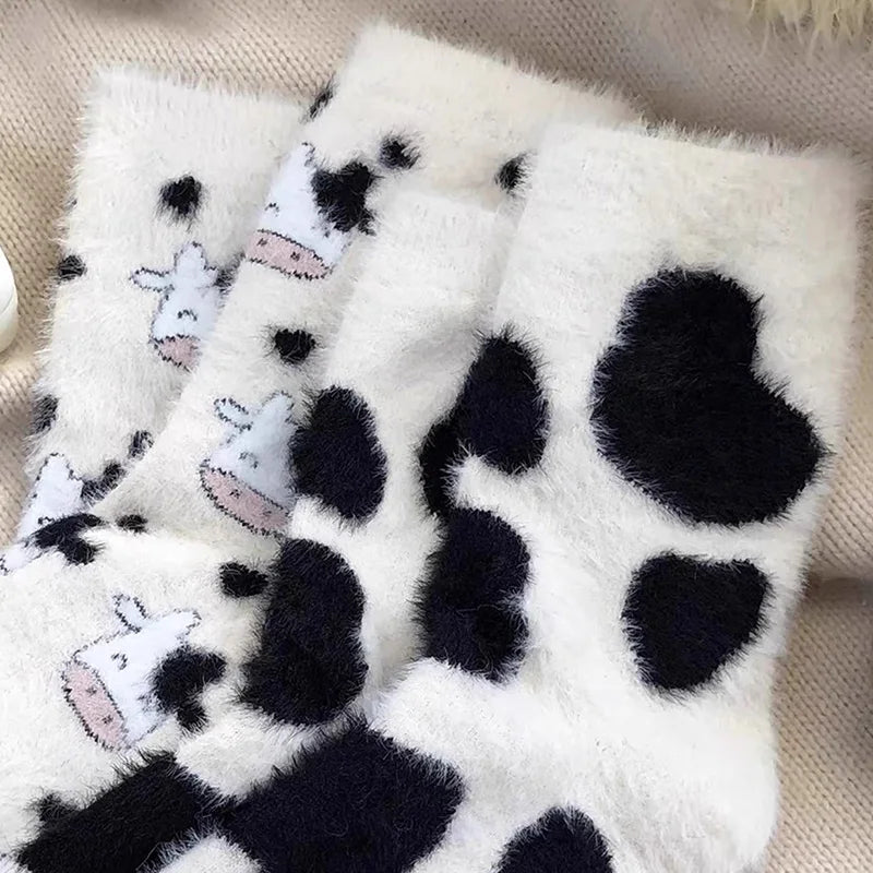 Cartoon Cute Cow Mink Velvet Socks Women Winter Soft Fleece Plush Warm Home Sleep Boot Socks Kawaii Y2K Furry Thermal Tube Sox