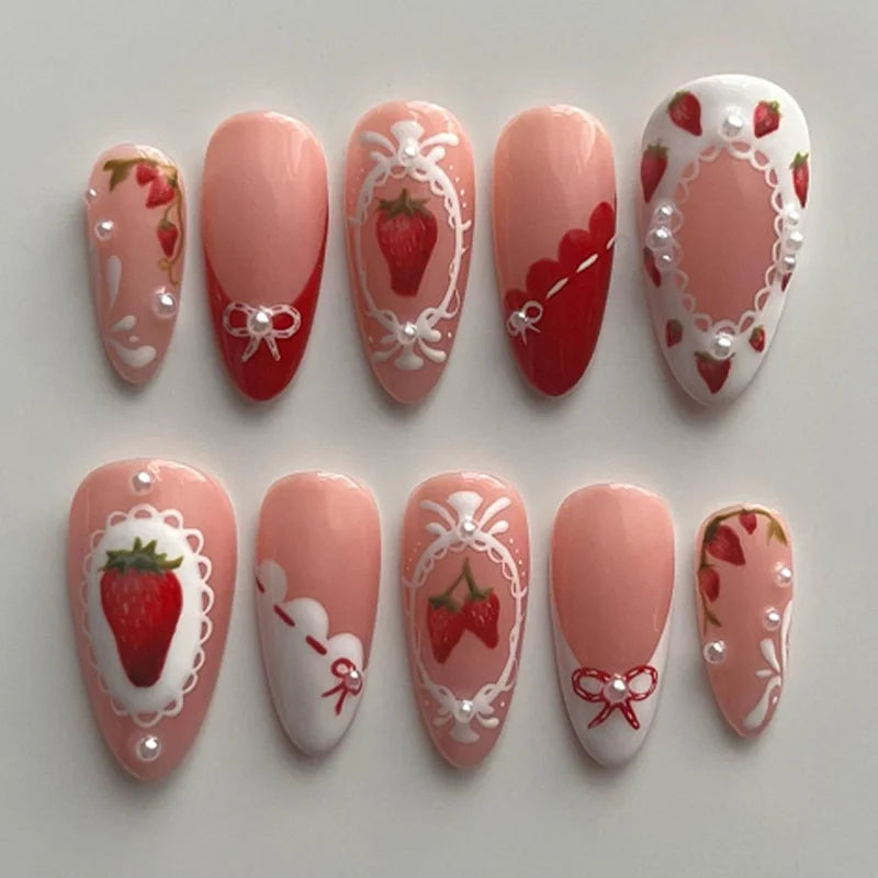 24pcs Almond False Nails Tips Summer Beach Colorful Nails Sets with Pearl Flower Design Press on Nails Art Wearable Fake Nail
