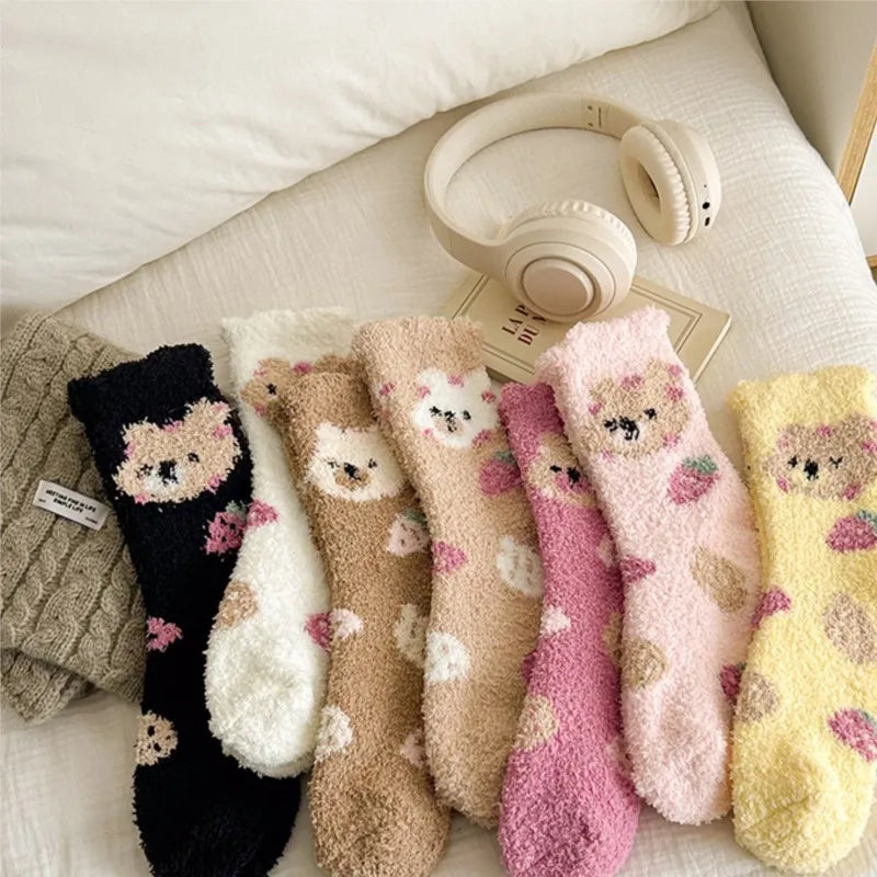 New Fashion Coral Fleece Women Socks Warm Home Floor Socks Strawberry Bear Socks Mid Tube Sleep Socks Plush Socks Added Fleece