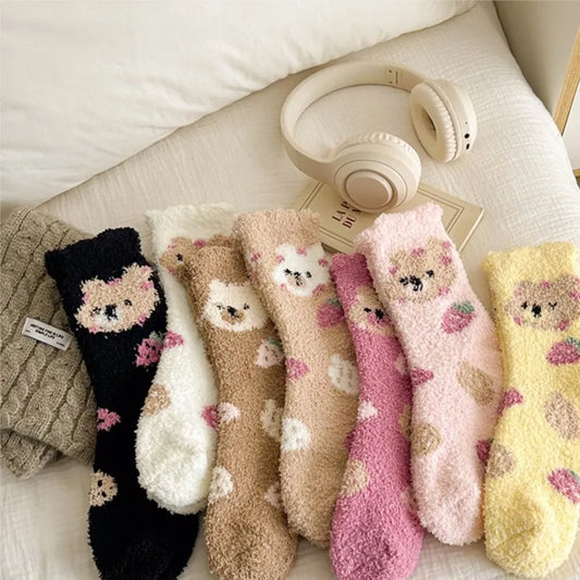 New Fashion Coral Fleece Women Socks Warm Home Floor Socks Strawberry Bear Socks Mid Tube Sleep Socks Plush Socks Added Fleece