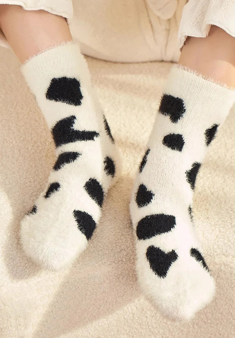 Cartoon Cute Cow Mink Velvet Socks Women Winter Soft Fleece Plush Warm Home Sleep Boot Socks Kawaii Y2K Furry Thermal Tube Sox