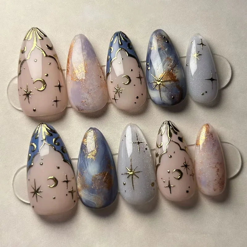 24pcs Almond False Nails Tips Summer Beach Colorful Nails Sets with Pearl Flower Design Press on Nails Art Wearable Fake Nail