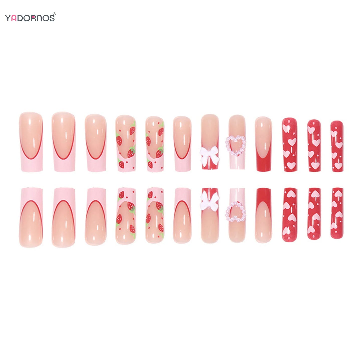 Red Strawberry Fake Nails Long Coffin French Press on Nails Pink Love Heart 3D Bowknot Designs False Nails for Women Girls 24Pcs