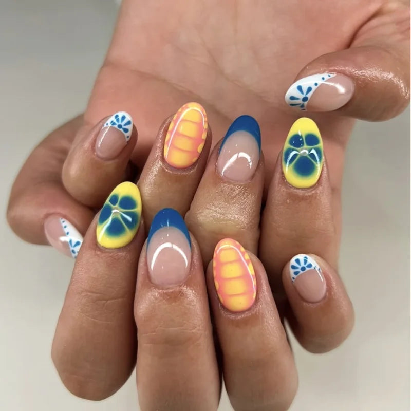 24pcs Almond False Nails Tips Summer Beach Colorful Nails Sets with Pearl Flower Design Press on Nails Art Wearable Fake Nail