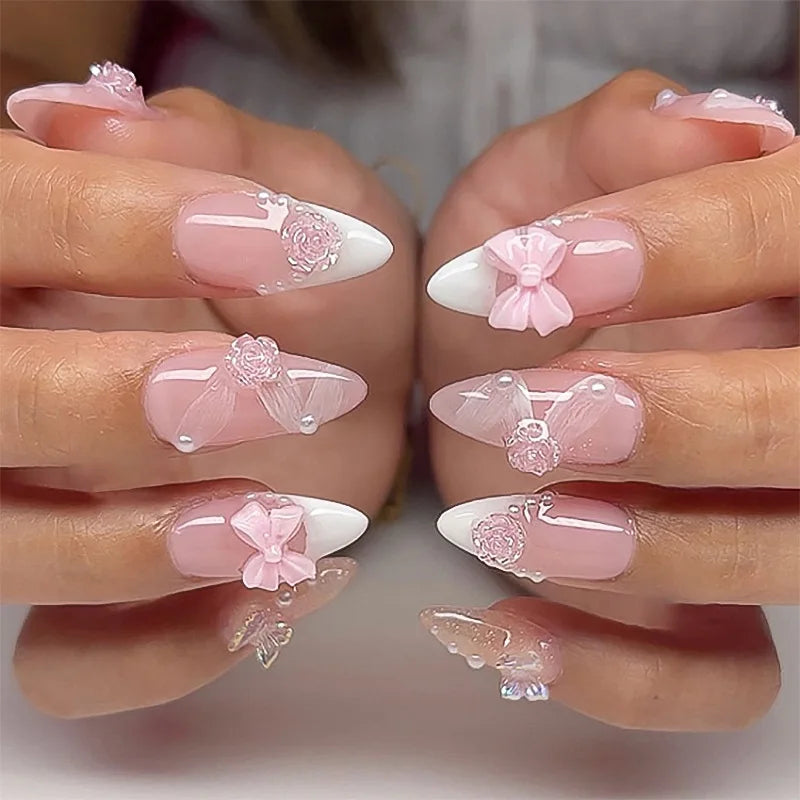 24pcs Almond False Nails Tips Summer Beach Colorful Nails Sets with Pearl Flower Design Press on Nails Art Wearable Fake Nail